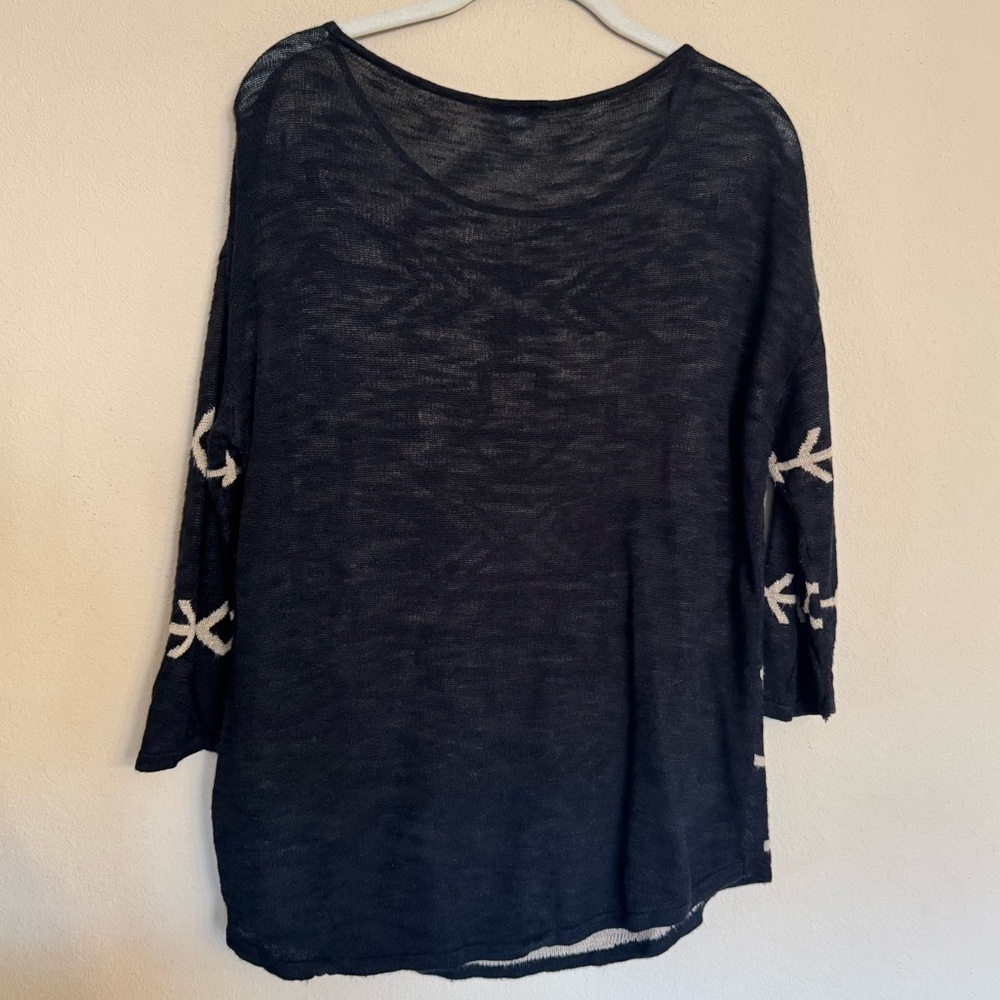 J Jill Aztec Linen Sweater Top Sz M Black Southwestern Boho Tribal Lightweight - Picture 2 of 15